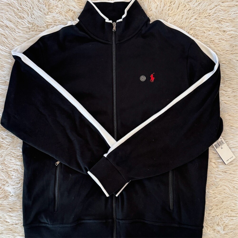 Polo Ralph Lauren Track Jacket Men's XL Black Full Zip White Stripe Logo